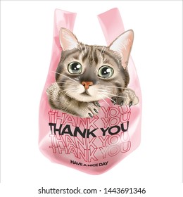 lindo gato en la ilustración de una bolsa de plástico rosa