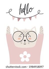 Cute cat in a pink scandinavian style sweater with lettering for childish design