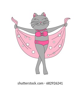 Cute cat in a pink swimsuit. Vector illustration for greeting card, poster, or print on clothes.