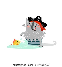 Cute cat pirate playing with little golden fish. Funny character, cat is sailor. Happy cartoon animal, sea relax, summer time. Hand drawn vector illustration for kids, isolated on white. Flat design. 