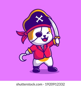 Cute Cat Pirate With Sword Cartoon Vector Icon Illustration. Animal Fashion Icon Concept Isolated Premium Vector. Flat Cartoon Style