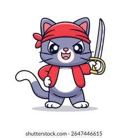 Cute Cat Pirate With Sword Cartoon Vector Icon Illustration. Animal Holiday Icon Concept Isolated Premium Vector. Flat Cartoon Style