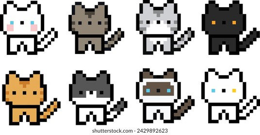 cute cat pixel art set. Animal for game asset and cross stitch pattern in vector illustration.