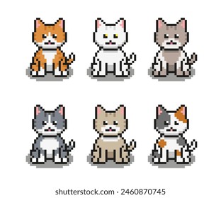 Cute cat pixel art set collection. 8 bit kitty character in pixel style, vector illustration on isolated background.