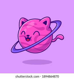 Cute Cat Planet Cartoon Vector Icon Illustration. Animal Space Icon Concept Isolated Premium Vector. Flat Cartoon Style