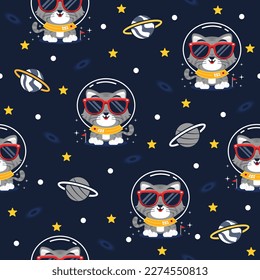 Cute Cat with Planet Cartoon Vectors Pattern Backgrounds.