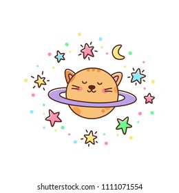 Cute cat planet and stars, moon on a white background. It can be used for sticker, patch, phone case, poster, t-shirt, mug and other design.