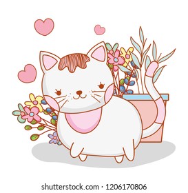 cute cat with plant and flowers leaves