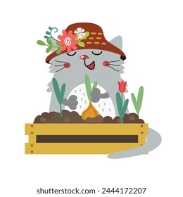 Cute cat plant tulip. Funny kitten in hat with flowers, happy pet in garden. Cartoon character, hand drawn vector illustration. Flat design. Could be used for kids print, on card, clothes etc.