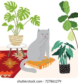 cute cat and plants illustration