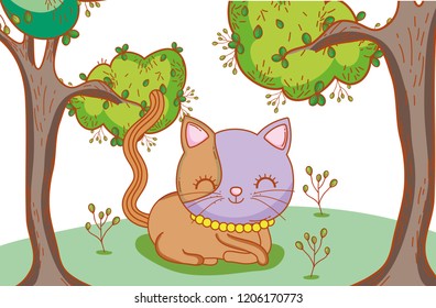 cute cat with plants and tree leaves