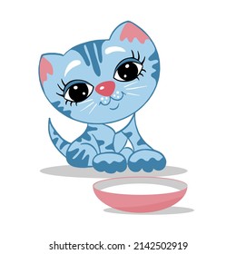 A cute cat with a plate of milk, a sweet blue kitty with stripes