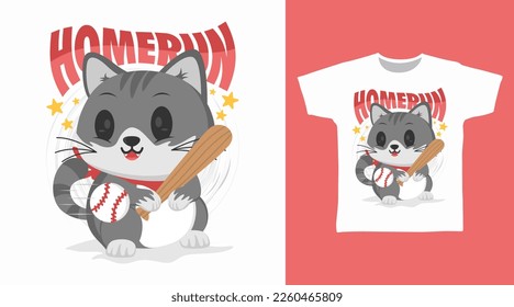 Cute cat play baseball cartoon tshirt arts design
