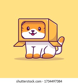 Cute Cat Play In Box Cartoon Vector Icon Illustration. Animal Icon Concept Isolated Premium Vector. Flat Cartoon Style 