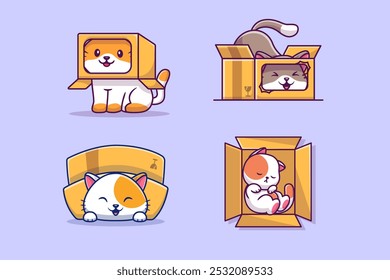 Cute Cat Play In Box Vector Design Illustrations Pack 