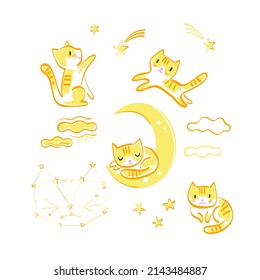 Cute cat play with fallen stars sleep on half moon run sit among clouds vector illustration set isolated on white. Childish felt pen hand drawn whimsy yellow kitten print collection for baby textile.