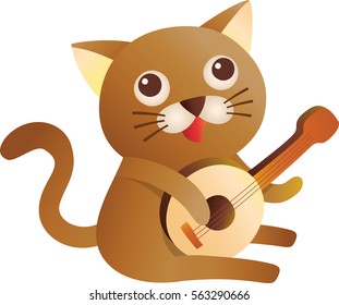 A cute cat play the guitar on a white background.