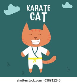Cute Cat play karate design for tee print, t-shirt, embroidery, shirt, mug, bag, lunchbox, wallpaper, tote bag, poster and banner flat design for kids. Retro vector illustration