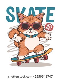 Cute Cat Play Skateboard Hand Drawn Vector Illustration Design