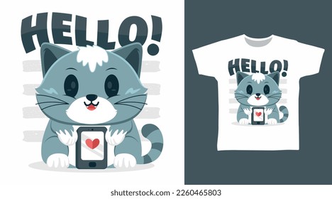 Cute cat play smart phone cartoon tshirt arts designs