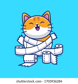 Cute Cat Play Toilet Tissue Paper Vector Icon Illustration. Mascot Cartoon Character. Animal Icon Concept White Isolated. Flat Cartoon Style Suitable for Web Landing Page, Banner, Flyer, Sticker, Card