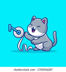 Cute Cat Play Toilet Tissue Paper Vector Icon Illustration. Mascot Cartoon Character. Animal Icon Concept White Isolated. Flat Cartoon Style Suitable for Web Landing Page, Banner, Flyer, Sticker, Card