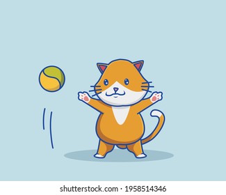 Cute Cat Playing Ball. Animal Cartoon Flat Style Icon  Premium Vector