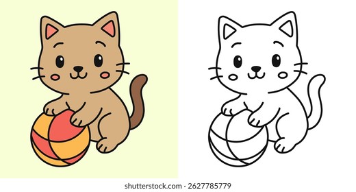 Cute cat playing ball cartoon character coloring page vector illustration