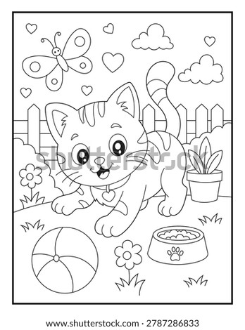 Cute Cat Playing with the Ball Coloring Page for Kids. Bold and Easy Activity Sheet for Children.