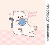 Cute Cat Playing with Ball. Hand drawn Cartoon kawaii style. Pastel soft colors vector illustration.