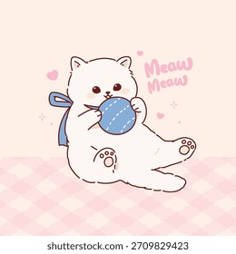 Gato lindo jugando con la pelota. Dibujado a mano estilo kawaii de dibujos animados. Ilustración vectorial de colores suaves pastel.
