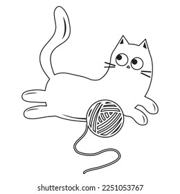 Cute cat playing with a ball of thread, black outline, vector illustration in doodle style