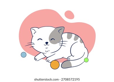 Um gato bonito brincando com uma bola enquanto está deitado, adorável para uma capa de papel de parede impressa. Ilustração de vetor plano isolada em um fundo branco.