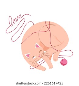 Cute gato jugando con bola y hilo de lana con ilustración vectorial de texto de amor. Caricatura adorable pequeño personaje de gatito con garras, cola y cara divertida durmiendo en tarjeta de saludo en el Día de San Valentín