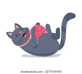 Cute cat playing with ball of wool thread vector illustration. Cartoon isolated lying gray kitten with funny amusing face, adorable little kitty holding yarn to play with toy, playful small cat