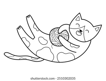 Cute cat playing with a ball of yarn in black and white. Funny feline character isolated element in outline. Great for coloring page, prints and cards. Vector illustration