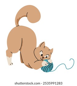 Cute cat playing with a ball of yarn flat vector illustration isolated on white.