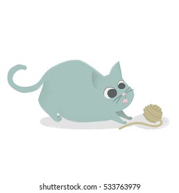 Lindo gato jugando con la bola de hilo. Gatito de dibujos animados cómico aislado. Ilustración lista para el libro de los niños, diseño de la ropa. Ilustración vectorial