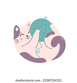 Cute cat playing with balls of thread. Domestic pets, feline activities. Home cat life. Vector illustration in flat style