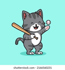 Un gato lindo jugando al vector premium de dibujos animados de béisbol El concepto de tecnología aislada. Estilo de caricatura plana adecuado para llevar páginas web, carteles, volantes, pegatinas, tarjetas