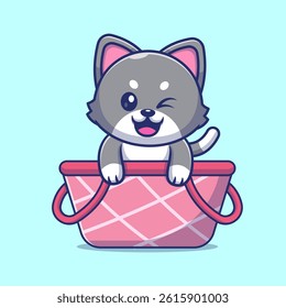 Cute Cat Playing In Basket Cartoon Vector Icon Illustration. Animal Nature Icon Concept Isolated Premium Vector. Flat Cartoon Style