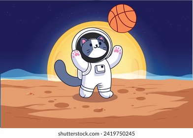 cute cat playing basketball on outer space planet with basketball pole Cartoon Vector Icon Illustration, con Concept Isolated Premium Vector. Suitable for Infographics and Book Picture Illustration