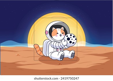 cute cat playing basketball on outer space planet with basketball pole Cartoon Vector Icon Illustration, con Concept Isolated Premium Vector. Suitable for Infographics and Book Picture Illustration