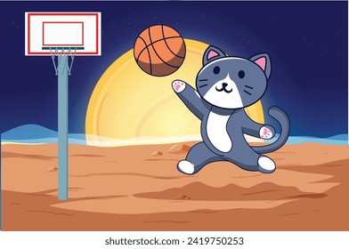 cute cat playing basketball on outer space planet with basketball pole Cartoon Vector Icon Illustration, con Concept Isolated Premium Vector. Suitable for Infographics and Book Picture Illustration