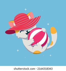 Cute cat playing with beach ball cartoon vector icon illustration. Animal Mascot concept illustration. Flat cartoon style