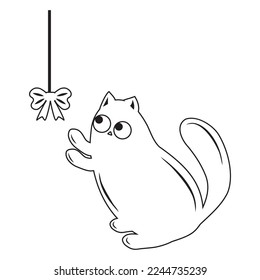 Cute cat playing bow on a rope, black outline, vector illustration in doodle style