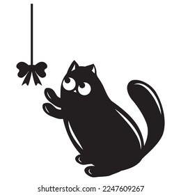 Cute cat playing bow on a rope, black outline, vector illustration in doodle style