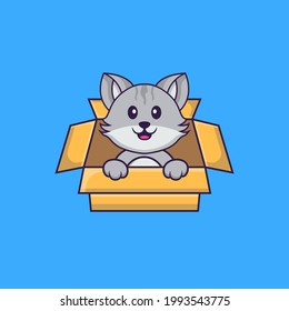 Cute cat Playing In Box. Animal cartoon concept isolated. Can used for t-shirt, greeting card, invitation card or mascot.