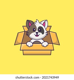 Cute cat Playing In Box. Animal cartoon concept isolated. Can used for t-shirt, greeting card, invitation card or mascot.
