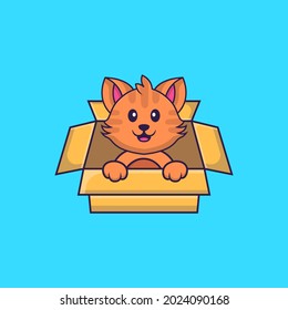 Cute cat Playing In Box. Animal cartoon concept isolated. Can used for t-shirt, greeting card, invitation card or mascot.